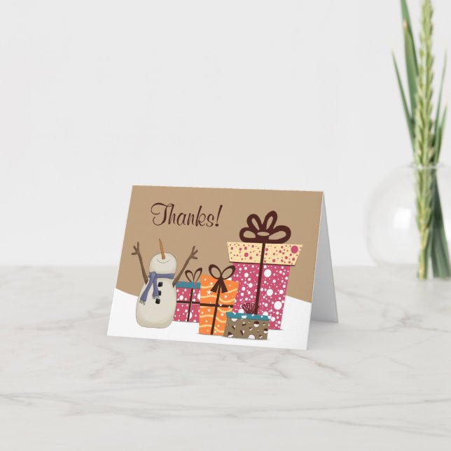 Thanks! ~ Cute Snowman with Gifts Winter Thank You Card (Front)
