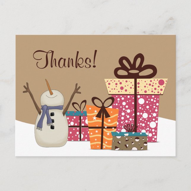 Thanks! ~ Cute Snowman with Gifts Winter Thank You Postcard (Front)