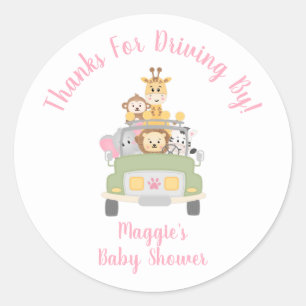 Thanks Driving By Animal Safari Baby Girl Shower Classic Round Sticker