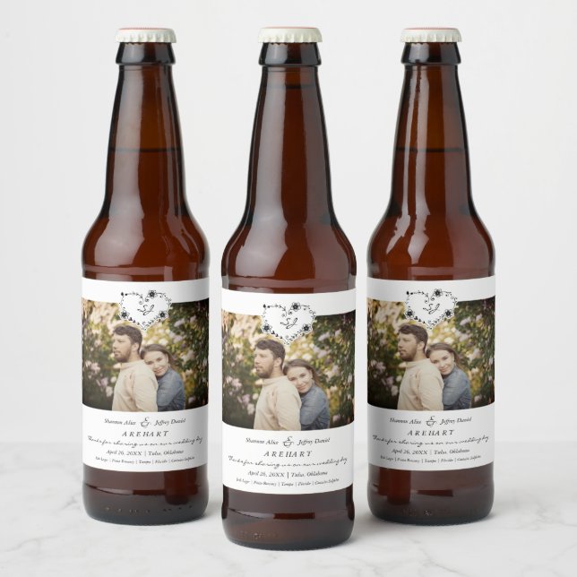 Thanks Floral Heart Wedding Photo Engaged Couple Beer Bottle Label (Bottles)