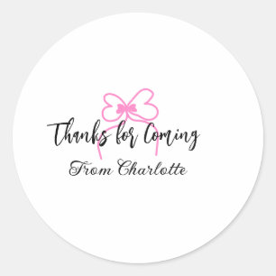 thanks for coming add name text message pink bow f classic round sticker