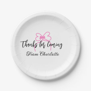 thanks for coming add name text message pink bow f paper plate