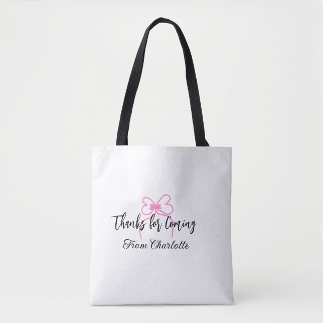thanks for coming add name text message pink bow f tote bag (Front)