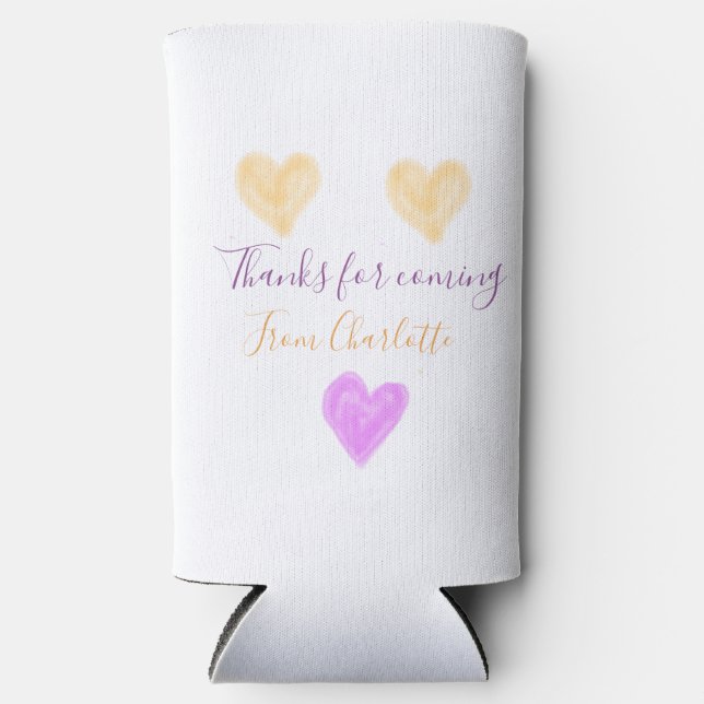 thanks for coming add name text orange purple hear seltzer can cooler (Front)