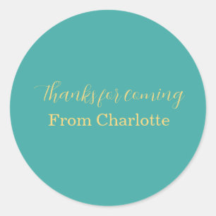 thanks for coming add name text turqoise yellow  classic round sticker