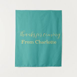 thanks for coming add name text turqoise yellow tapestry