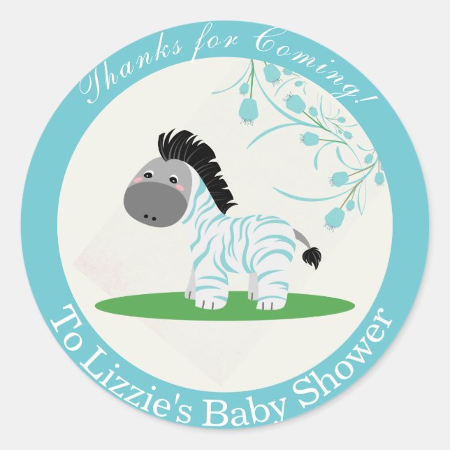 Thanks for Coming Blue Zebra Baby Shower Sticker (Front)