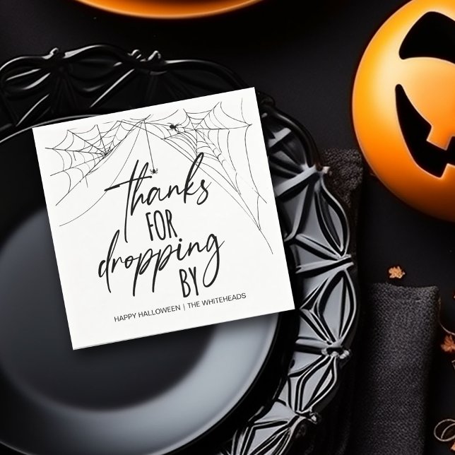 Thanks for Dropping by Halloween Party Napkins (Thanks for dropping by spooky Halloween napkins featuring a spider web in the corners.)