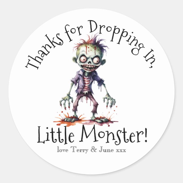 Thanks for Dropping In, Little Monster!" Halloween Classic Round Sticker (Front)