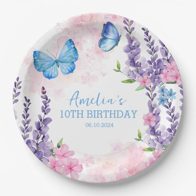 Thanks for fluttering Butterflies Birthday Paper Plate (Front)