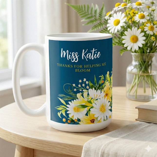 Thanks For Helping Me Bloom Daisy Mug (Thank a special teacher with this beautiful daisy, "Thanks for helping me bloom" personalized mug! )