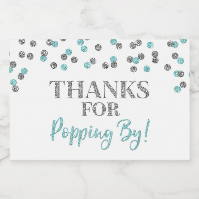 Thanks for Popping by Silver Light Blue Confetti Food Label (Single Label)
