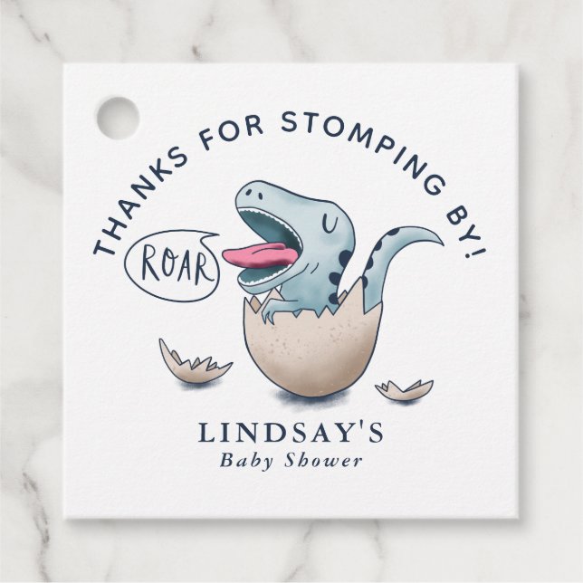 Thanks for Stomping By Blue Dinosaur Baby Shower Favour Tags (Front)