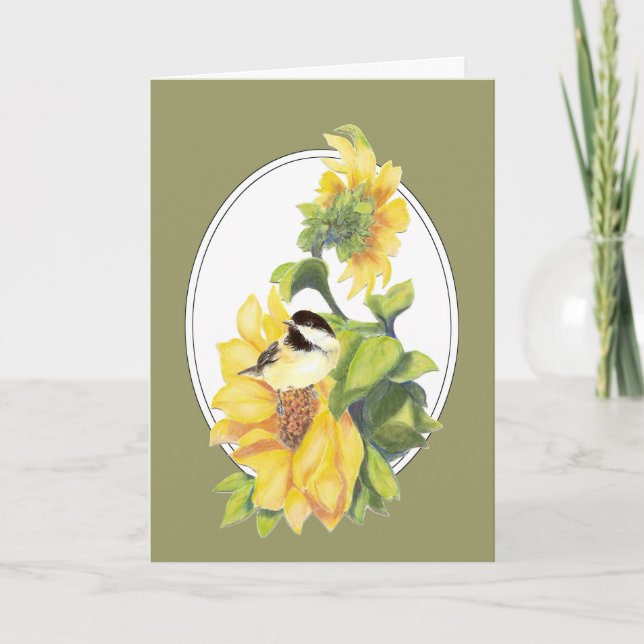 Thanks Greeting Watercolor Chickadee and Sunflower Thank You Card (Front)