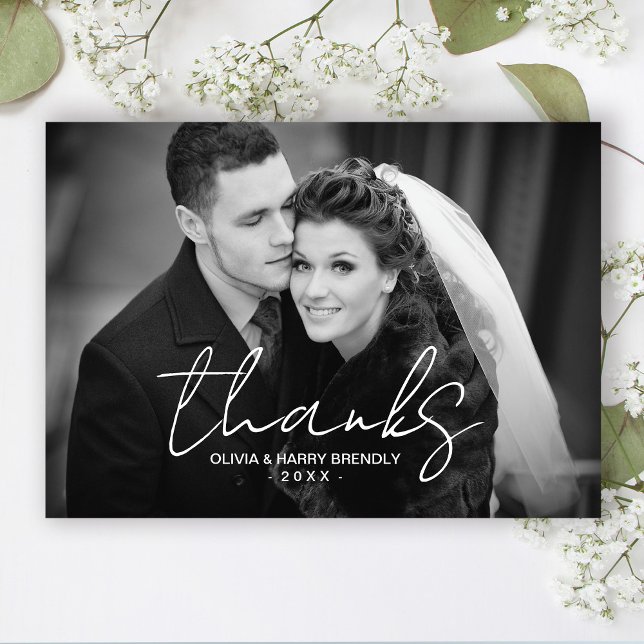 Thanks Hand Lettered Script Wedding Thank You Card (Stylishly Personalize With Your Custom Photo, Names & Date.
Thank You Message on Reverse Side.)