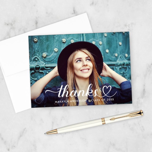 Thanks Heart Script Custom Graduation Photo Thank You Card (Creator Uploaded)