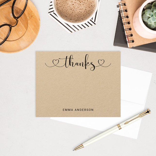 Thanks in Modern Heart Script Kraft Personalised Thank You Card (Creator Uploaded)
