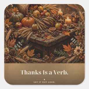 Thanks Is a Verb Harvest Hearth Tee Square Sticker
