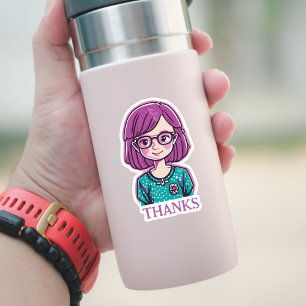 "THANKS" Lovely Pink Hair Girl with Glasses