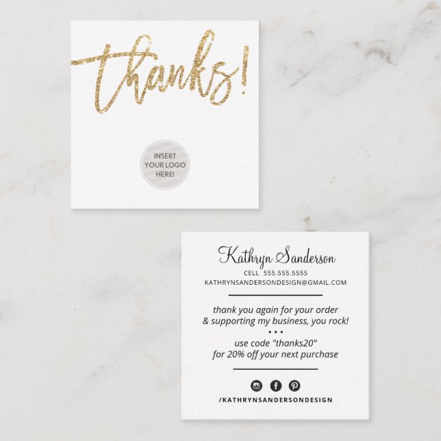 THANKS modern logo business thank you gold glitter Square Business Card (Front/Back)