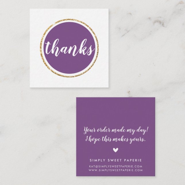 THANKS modern spot hand lettered script purple Square Business Card (Front/Back)