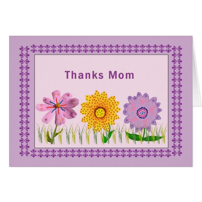 Thanks Mum Card with Colourful Decorated Flowers (Front Horizontal)