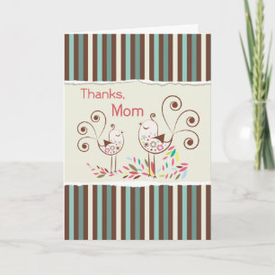 Thanks Mum, Cute Birds on Stripes Thank You Card