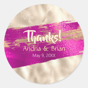 Thanks Names Date Fuchsia & Platinum Faux Metallic Classic Round Sticker
