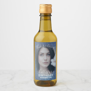 Thanks Navy Blue Glitter Ombre Photo Birthday Wine Label