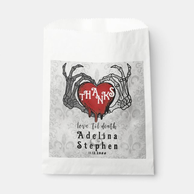 Thanks Skeleton Hands Red Heart Halloween Wedding Favour Bags (Front)