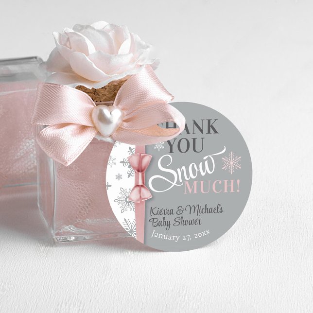 Thanks SNOW Much Baby Girl Pink Snowflake Shower Classic Round Sticker (Thank you snow much baby girl pink & gray cute snowflake brunch shower round favor gift sticker tag)