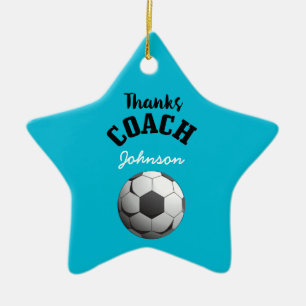 Thanks Soccer Coach Aqua Blue Stars Ball Ceramic Tree Decoration