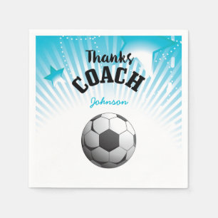Thanks Soccer Coach Aqua Blue Stars Ball Napkin