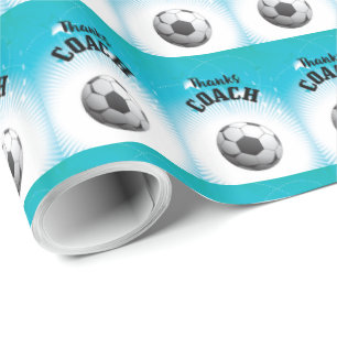 Thanks Soccer Coach Aqua Blue Stars Ball Wrapping Paper