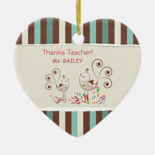 Thanks Teacher, Whimsical Bird Stripe Ceramic Tree Decoration