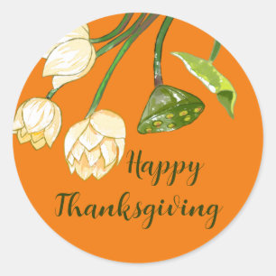 Thanks Thanksgiving Orange Yellow Autumn Lotus Classic Round Sticker