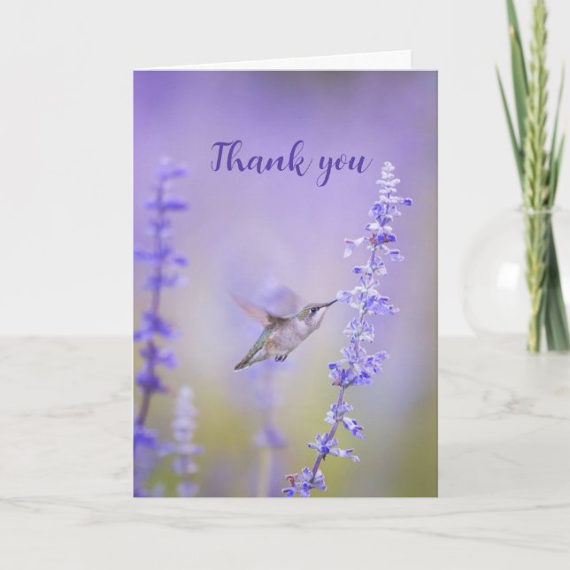 Thanks Watercolor Hummingbird Lavender Flower Art Thank You Card (Front)
