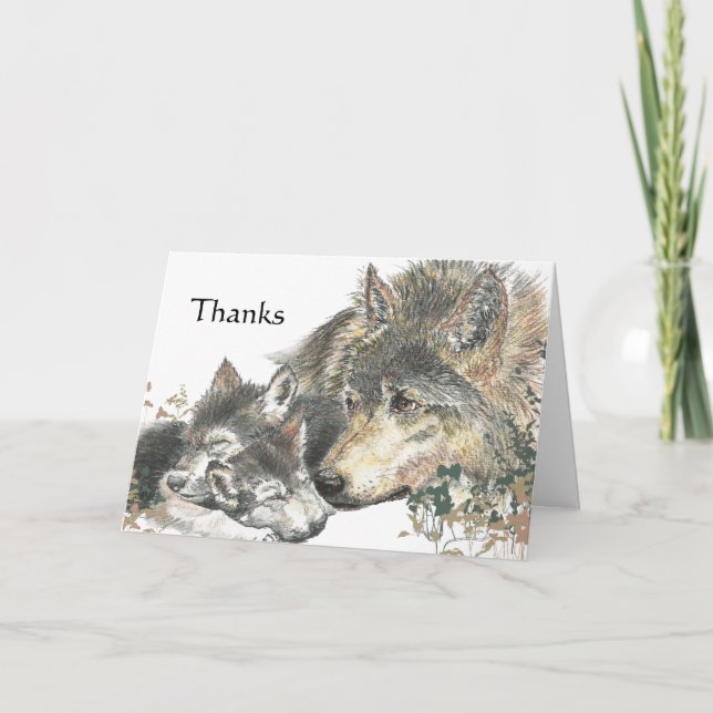 Thanks Watercolor Wolf & Cubs Animal Art Thank You Card (Front)