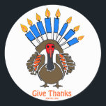 Thanksanukkah Thanksgivukkah  turkey menorah gift Classic Round Sticker<br><div class="desc">THIS TURKEY MENORAH IS A UNIQUE DESIGN ON A VARIETY OF CHANUKAH HANUKKAH GIFTS FOR THANKSGIVUKKAH 2013.  WEAR A THANKSANUKKAH SHIRT AND GIVE THE HOSTESS A SPECIAL APRON TO SHOW OFF HER AMERICAN JEWISH PRIDE.</div>