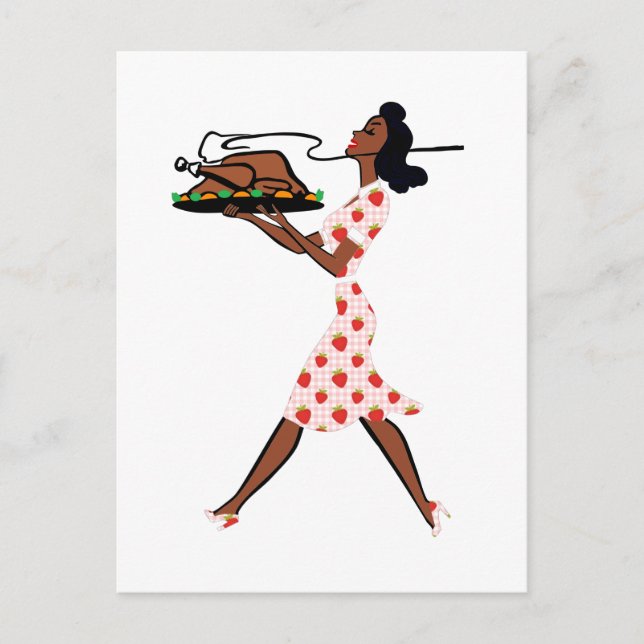 thanksgiving 1950s black housewife holiday postcard (Front)