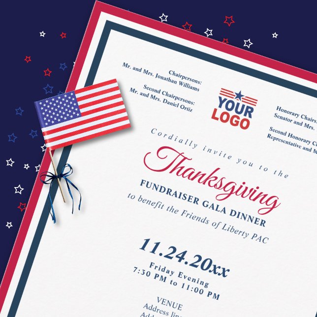 Thanksgiving 2026 Political Fundraiser Gala Dinner Invitation (Patriotic Thanksgiving fundraiser gala dinner invitation close-up with decorative flag and ribbon)
