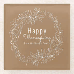 Thanksgiving Acorn Wreath Hand Drawn Illustration Glass Coaster