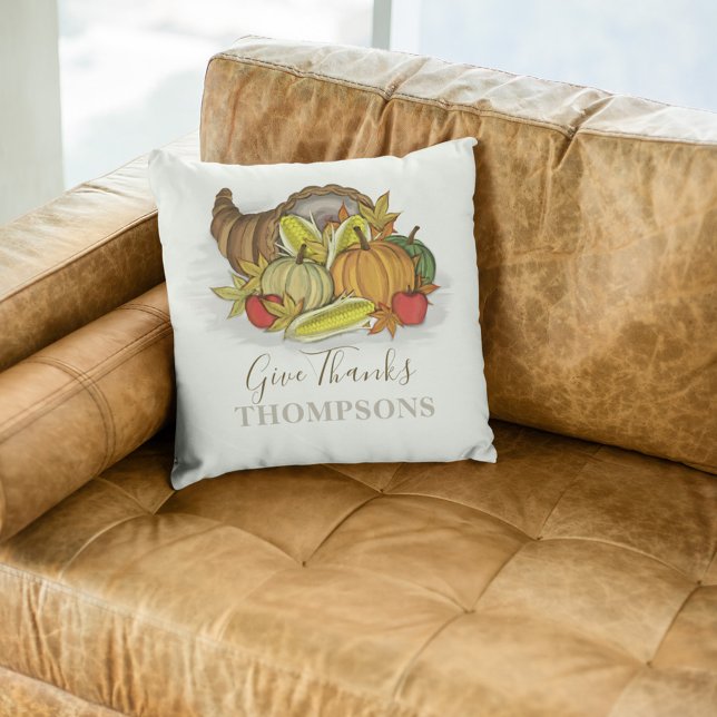 Thanksgiving Autumn Cornucopia Personalised Cushion (Give Thanks a customized watercolor cornucopia throw pillow. )
