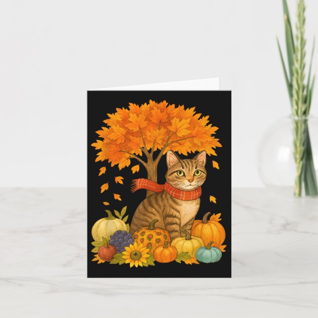 Thanksgiving Autumn Fall Cat Leaf Fall Tree Its Fa Card (Front)