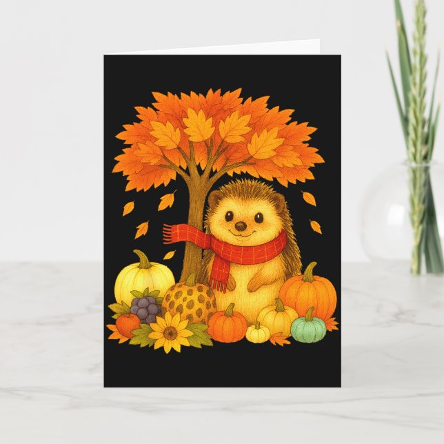 Thanksgiving Autumn Fall Hedgehog Leaf Fall Tree  Card (Front)