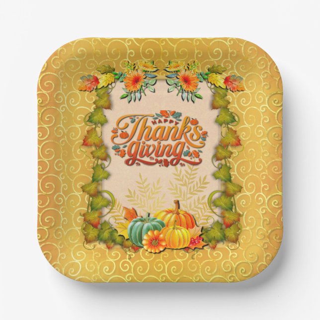 Thanksgiving Autumn Fall Maple Leaves and pumpkins Paper Plate (Front)