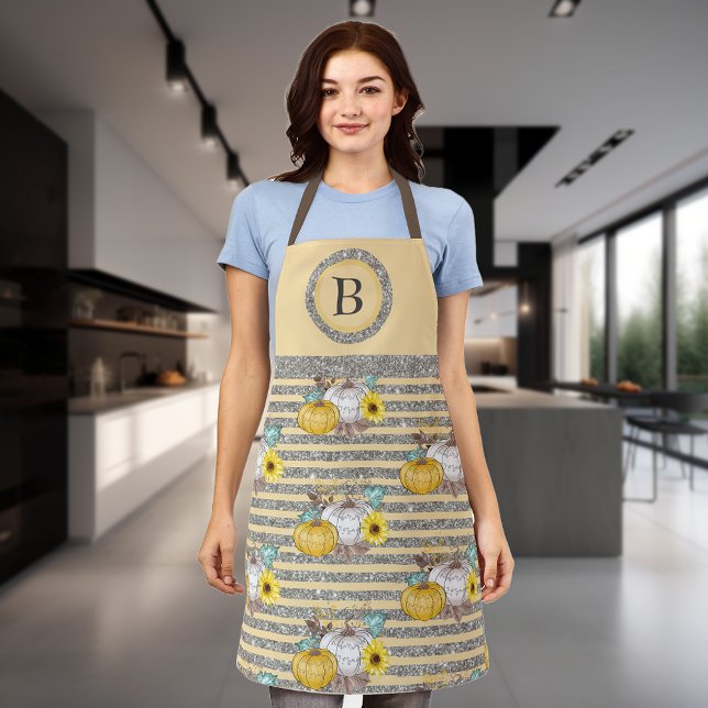 Thanksgiving Autumn Fall Pumpkin Glitter Monogram Apron (Creator Uploaded)