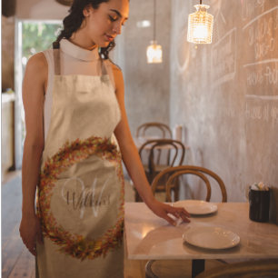Thanksgiving Autumn Fall Wreath Leaves Monogram Apron