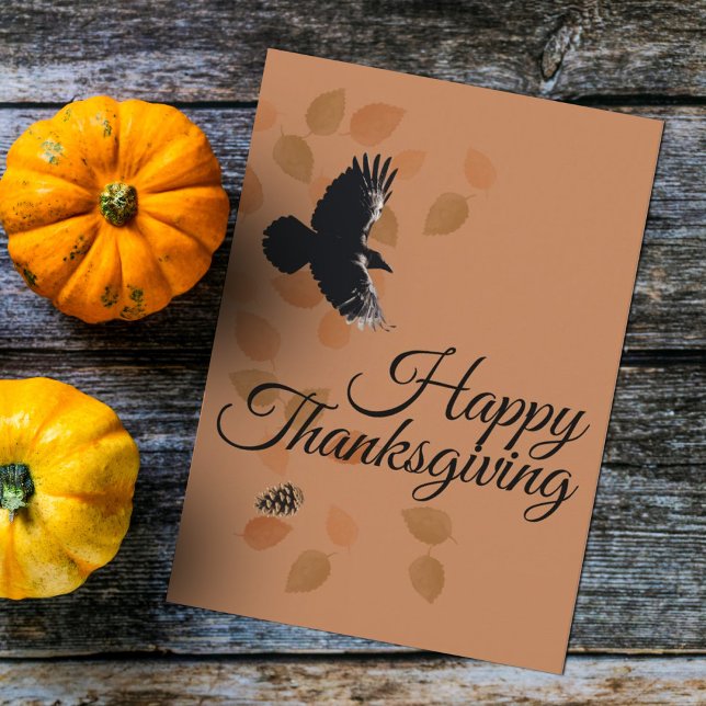 Thanksgiving Autumn Leaves Crow Fall Woodland Wind Holiday Card (Creator Uploaded)