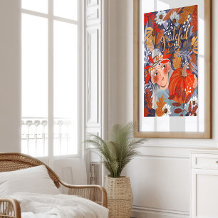 Thanksgiving autumn leaves girl orange poster